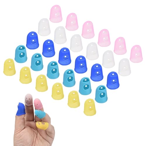 PATIKIL 30 Pcs Silicone Finger Tips, 21.5mm Anti-Slip Textured Surface Reinforced Protectors Fingertip Covers Reusable Thimbles for Money Counting Guitar Sewing, 5 Colors - color: Yellow/Translucent/Pink/Light Blue/Dark Blue, size: 21.5mm