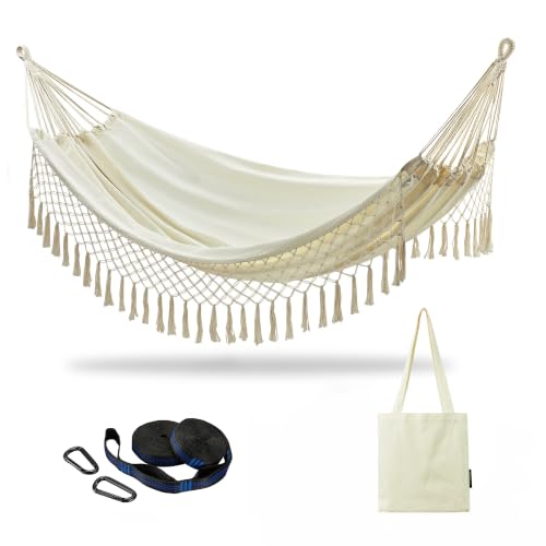 Brazilian Double Hammock with Tassels, King Size, 500 lb Capacity | Soft Woven Cotton Fabric Handcrafted Macrame Tassels 102 × 71 in, 2-Person Hammock for Outdoor Natural White with Tassels - color: Natural White With Tassels, size: XX-Large