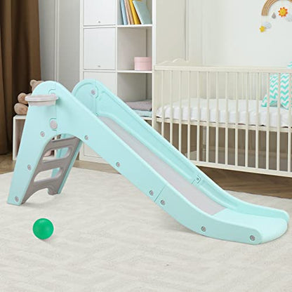 Toddler Indoor Slide, Foldable Baby Climber Playset with Basketball & Hoop | 63 in Extra Long Slope, Non-Slip Steps, Sturdy Plastic, Outdoor Playground for Backyard, Home & Playroom Use, Robin Egg Blue - color: Robin Egg Blue