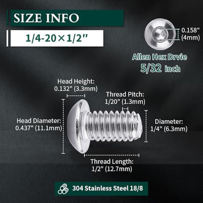 1/4-20 x 1/2" Button Head Socket Cap Bolts Screws, 304 Stainless Steel 18-8, Allen Hex Drive, Bright Finish, Fully Machine Thread, Pack of 50 - size: 1/4-20 x 1/2