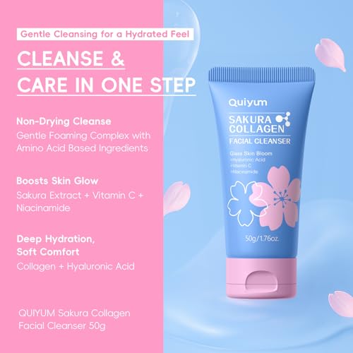 QUIYUM Sakura Collagen Skin Care Set - 5pcs Skincare for Women Teens | Facial Cleanser, Serum, Cream, Facial Brush, Hair Band & Makeup Bag, Deep Cleansing, Hydrating, Firming, Even Tone, Radiance - size: 5 Count (Pack of 1)