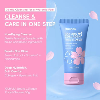 QUIYUM Sakura Collagen Skin Care Set - 5pcs Skincare for Women Teens | Facial Cleanser, Serum, Cream, Facial Brush, Hair Band & Makeup Bag, Deep Cleansing, Hydrating, Firming, Even Tone, Radiance - size: 5 Count (Pack of 1)