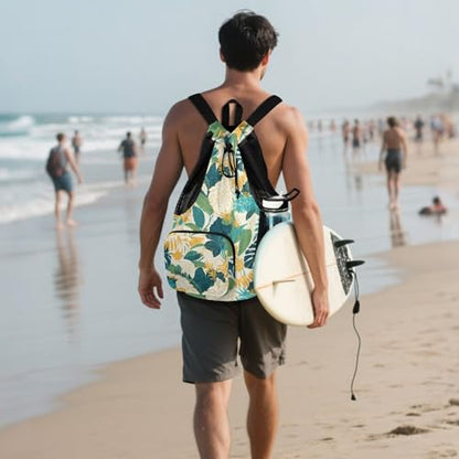 Drawstring Backpack For Swim Climbing Gym Bag With Water Bottle Holder Cinch Sack Waterproof Tropical Plants Green