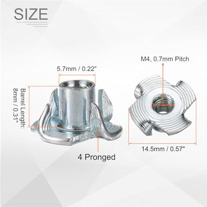 HARFINGTON M4x8mm T-Nuts 4 Pronged Tee Nut 0.57" x 0.31" Fully Thread Carbon Steel Inserts for Wood, Rock Climbing Holds, Cabinetry, Furniture 100pcs - size: M4x8mm, 14.5mm