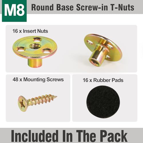 FoDau770 M8 Brad Hole T-Nut with Screws, Zinc Plated Carbon Steel 3-Hole T-Nuts, Insert Female Thread Mounting Fastener for Wood Furniture and DIY Project - 16 Set (64 Pieces) - size: M8
