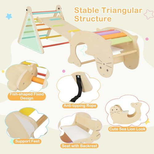 Costzon Climbing Toys for Toddlers, Foldable Montessori Wooden Arch Climber Ladder with Sliding Ramp, Play Table, Multi-Combination Methods, Kids Triangle Climber Play Gym Set for Boys Girls Present - style: 7 in 1 Arch Climber Ladder, Rainbow