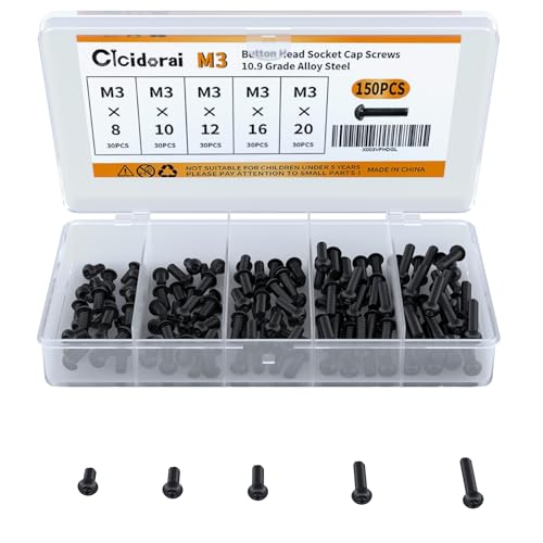M3 x 8mm 10mm 12mm 16mm 20mm Button Head Socket Cap Screws Bolts, 10.9 Grade Alloy Steel, Metric Allen Hex Drive, Black Oxide Finish, Fully Threaded, Assortment Kit 150Pcs - size: Button Head M3x8, 10, 12, 16, 20mm(150pcs)