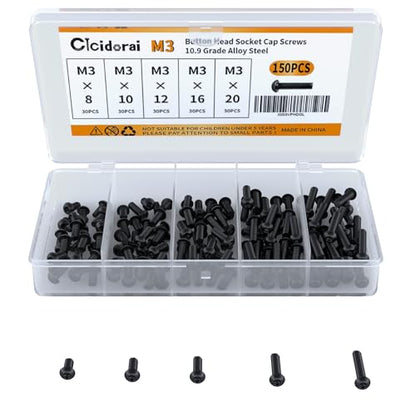 M3 x 8mm 10mm 12mm 16mm 20mm Button Head Socket Cap Screws Bolts, 10.9 Grade Alloy Steel, Metric Allen Hex Drive, Black Oxide Finish, Fully Threaded, Assortment Kit 150Pcs - size: Button Head M3x8, 10, 12, 16, 20mm(150pcs)