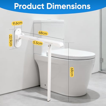 26.8 INCH Flip-Up Toilet Grab Bar with Support Leg, Wall-Mounted Safety Rail for Bathroom, Night Glow Strips on Both Sides, Folding Handrail for Elderly & Disabled - size: 26.8 In with Support Leg