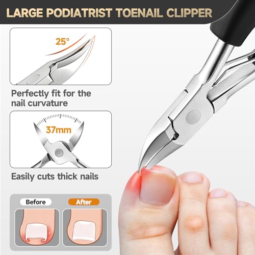 Toenail Clippers for Seniors, Heavy Duty Thick Nails Fingernail Clipper, Ergonomic Long Handle Angled Head Large Nail Cutter with Catcher for Men Women Manicure Set with Travel Case, 5Pcs