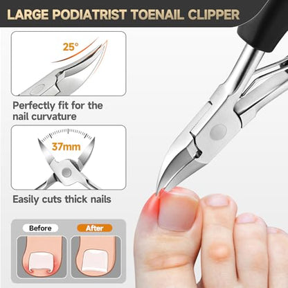 Toenail Clippers for Seniors, Heavy Duty Thick Nails Fingernail Clipper, Ergonomic Long Handle Angled Head Large Nail Cutter with Catcher for Men Women Manicure Set with Travel Case, 5Pcs