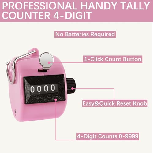 GDMINLO Clicker Counter Handheld Tally Counter 4-Digit Number Counter for Coaching, Knitting, Lap, Fishing, Golf and Row Sport with 2-Nylon Lanyard,Pink