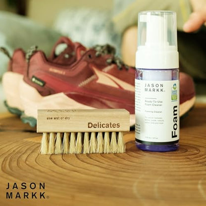 Jason Markk Quick Clean Kit, Shoe Cleaner, 2-Piece Set, Ready-To-Use Foam & Delicates Brush, Sneaker Care, Ideal for Footwear, Safe for Leather, Suede, Nubuck, Cotton, Knits, 4oz - size: 2 Fl Oz (Pack of 2), style: Quick Clean Kit
