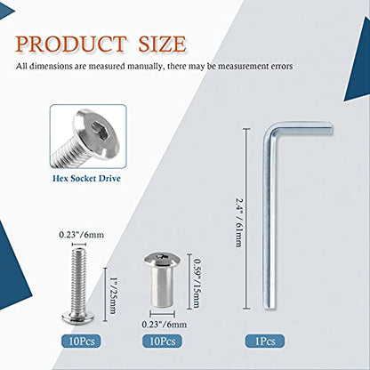 10 Pair(20 Piece) M6x25mm Hex Drive Socket Cap Bolt with Allen Wrench, Silver Furniture Connector Bolts M6 Countersunk Screw Barrel Nuts Binding Screws for Crib Replacement Belt Cabinet | Allen Wrench Included, Countersunk Screw Barrel Nuts, Binding Screw