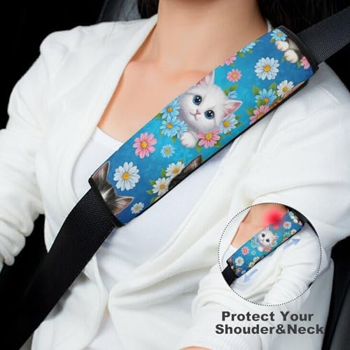 2PCS Breathable Seat Belt Cover for Adults and Children, Most Cars, Animal Blue Flower Cute Kitten Cats Shoulder Harness Cover, Shock Absorption - color: Pattern 322