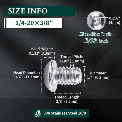 1/4-20 x 3/8" Button Head Socket Cap Bolts Screws, 304 Stainless Steel 18-8, Allen Hex Drive, Bright Finish, Fully Machine Thread, Pack of 100 - size: 1/4-20 x 3/8