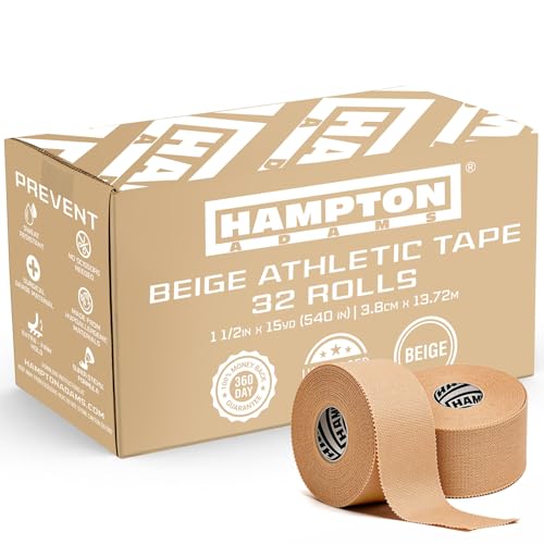 Hampton Adams | As Seen on Shark Tank | Original Athletic Sports Tape (32 Pack) | 45ft Rolls | Very Strong Easy Tear NO Sticky Residue | Best Tape for Athlete & Trainers | Fingers Ankles (Beige) - color: Beige, size: 1.5 inch (32 Rolls)