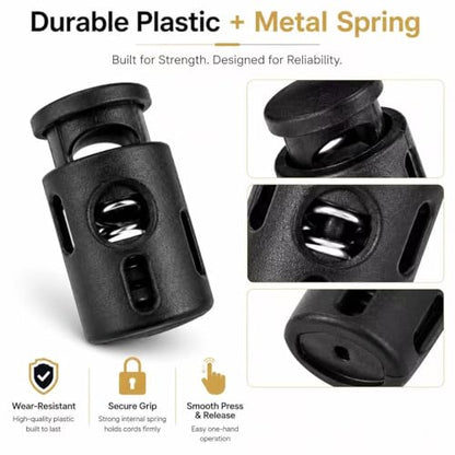 Black Plastic Cord Locks for Drawstrings, Single Hole Spring Toggle Stoppers
