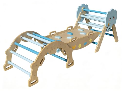 OUTLANE Pikler Triangle Set, 7-in-1 Foldable Wooden Toddler Climbing Toys Indoor, Jungle Gym for Toddlers, Large Montessori Climbing Set with Reversible Slide, Arch Ramp, Ladder, Draw Board & Cushion - color: Blue With Draw Board