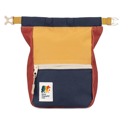Crux Bouldering Chalk Bucket, Large Size Chalk Bag for Rock Climbing, Chalk Pot with Magnetic Closure, Zippered Pockets and Mesh Pouch for Climbers, Weightlifting, Gymnastics - color: Navy/Yellow/Red