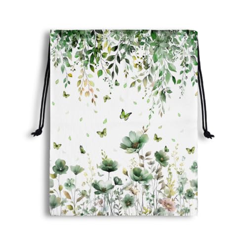 Green Floral Drawstring Bag Butterfly Print Gym Pouch Bags for Storage Cloth Shoes - color: Green Floral Butterfly, size: 18"(H)*14"(W)