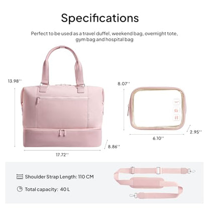 Travel Duffle Bag for Women, 40L Weekender Bags Airline Approved Carry On with Shoe Compartment & Waterproof Wet Pocket, Durable Nylon Weekender Overnight Bag for Travel, Gym, Business Trip, Pink - color: Pink