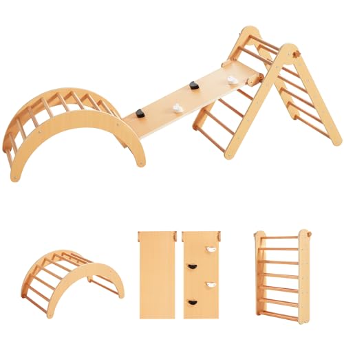 Beright 4 in 1 Pikler Triangle Gym, Montessori Foldable Climber with Ramp, Indoor Climbing Toys for Kids, Climbing Triangle for Toddlers Arch Climber, Rocker, Learning Waldorf Toy Structure, Natural - color: Natural