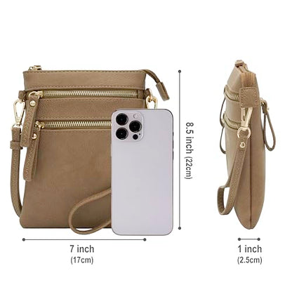 Solene Small Multi Zipper Pockets Crossbody Bag with Detachable Wristlet - color: Stone