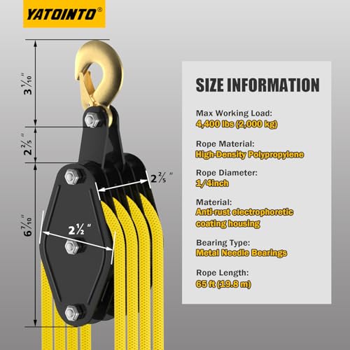 YATOINTO Rope Hoist Pulley System, 4400LB Pulley Block and Tackle, 8:1 Ratio Lifting Power 65ft, Heavy Duty Pulley Block for Hunting Lifting Heavy Objects Garage Warehouses Building (Yellow) - color: Yellow(Powder Coating)