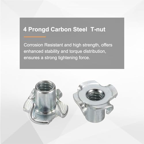 HARFINGTON 1/4x12mm T-Nuts 4 Pronged Tee Nut 0.69" x 0.47" Fully Thread Carbon Steel Inserts for Wood, Rock Climbing Holds, Cabinetry, Furniture 50pcs - size: 1/4" x 0.47" x 0.69" x 0.47"