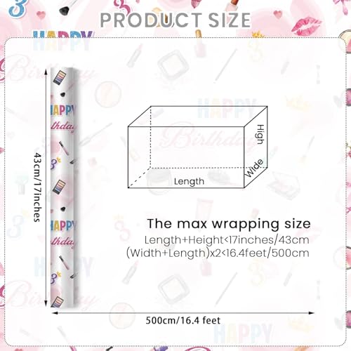 Liobelon Threenager Birthday Wrapping Paper Roll – 17" x 16.5 Ft Girl Gift Wrap with Watercolor Cosmetics & Lip Print Design, Teen Girl Party Supplies for 3rd Birthday, Daughter Sister Gift Wrap - color: Threenager