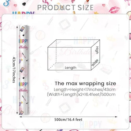 Liobelon Threenager Birthday Wrapping Paper Roll – 17" x 16.5 Ft Girl Gift Wrap with Watercolor Cosmetics & Lip Print Design, Teen Girl Party Supplies for 3rd Birthday, Daughter Sister Gift Wrap - color: Threenager