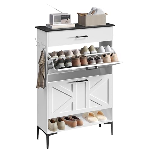 MAHANCRIS Shoe Cabinet with 2 Flip Drawers, Farmhouse Shoe Storage Cabinet for Entryway, Freestanding Narrow Shoe Organizer Cabinet with Adjustable Shelves for Entrance, Black and White SHBB20201