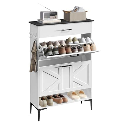 MAHANCRIS Shoe Cabinet with 2 Flip Drawers, Farmhouse Shoe Storage Cabinet for Entryway, Freestanding Narrow Shoe Organizer Cabinet with Adjustable Shelves for Entrance, Black and White SHBB20201