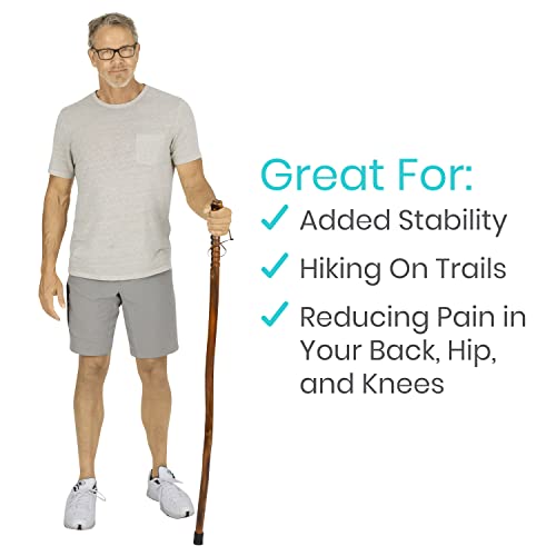 Vive Wooden Walking Stick for Hiking - Balance & Hiking Staff - Wood Walking Stick for Men, Women, Seniors - Strong, Non-Slip Wood Cane for Stability - Handcrafted, Waterproof, Leather Wrist Strap - style: 55 Inches