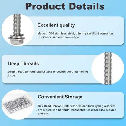 MroMax 20 Sets 1/4-20 x 2 Hex Head Screw Bolt, Nuts, Flat Washer & Spring Lock Washers Kits,Fully Threaded, Stainless Steel 18-8（304）, Bright Finish - size: 1/4"-20 x 2" (20 Sets)