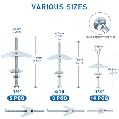 100 Pcs 3 Size Heavy Duty Metal Drywall Anchors Kit | 25 Sets Toggle Bolts and Wing Nuts Set for Hanging Lamps Heavy Items 1/8" 14 Sets, 3/16" 6 Sets, 1/4" 5 Sets - size: 3 Size Kit-100pcs(25sets)
