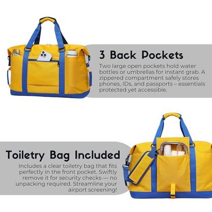 SUNNY BIRD Duffel with Utility Pouch, 40L Weekender Overnight Bag with Shoe Compartment for Travel and Sports (Yellow and blue) - color: Yellow and blue
