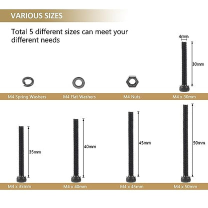 202 Pieces Black M4 x 30/35 /40/45 /50 mm Hex Socket Head Cap Screws Nuts Washers Assortment Kit, 12.9 Grade Alloy Steel - size: M4 x 30/35/40/45/50mm, style: Socket Head