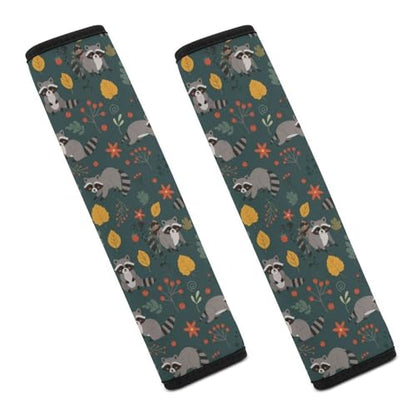 1 Pair Universal Soft and Comfortable Seat Belt Shoulder Pad for Adult Use, Stroller Pushchair High Chair, Cartoon Raccoon Floral Print Animal Navy Neck Strap Covers, Anti-Slip Pad - color: Pattern 799