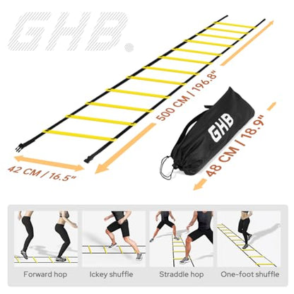 GHB Agility Ladder 1 Pack and Hex Agility Rings 1 Pack 12 Rung 20ft with 3 Carrying Bag