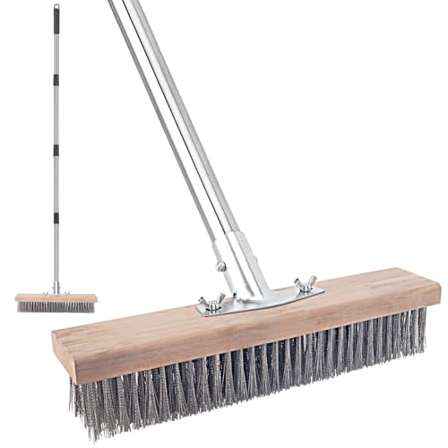 Stainless Steel Wire Scrub Brush with Long Handle for Deck, Concrete, Patio Floor Cleaning, 59'' Heavy Duty Stiff Metal Bristle Scrubber Broom for Outdoor Moss Removal - color: Stainless Steel