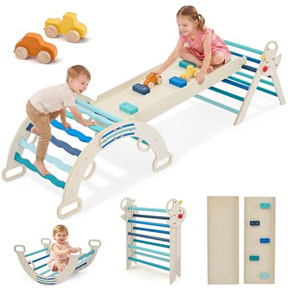 Pikler Triangle Set, 9-in-1 Foldable Montessori Climbing Toys for Toddlers, Wooden Indoor Playground with Climbing Arch, Reversible Ramp, Ladder, Toy Cars and Blocks, Blue - color: Blue