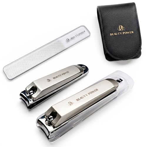 Beauty Power Nail Clippers Set 3 in 1 - Stainless Steel Toe Nail Clippers, Fingernail Clipper, Glass Nail File, Anti Splash, Ergonomic Grip in Black PU Leather Travel Case for Men - Father's Day - color: Black Case