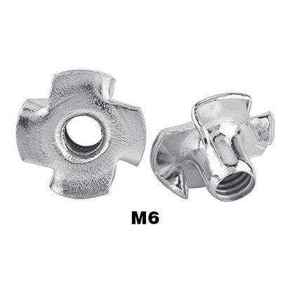 4 Pronged Tee Nuts Zinc Plated Carbon Steel T Nut Assortment Kit for Woodworking Furniture M3 M4 M5 M6 M8 (M6-50pcs)