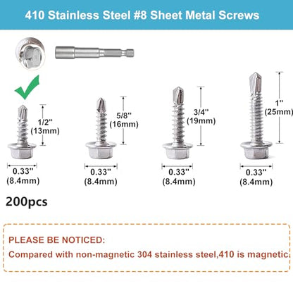 QSJ 200PCS Sheet Metal Screws Assortment Kit Hex Washer Head Truss Head 410 Stainless Steel Fast Self Tapping Screws with Screwdriver Bit Silver - color: Hex & Truss #8 Kit 2（200）