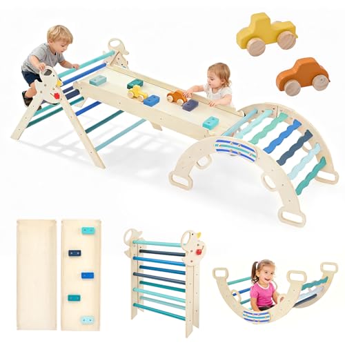 DUMOS Pikler Triangle Set, Toddler Climbing Toys and Play Structure Indoor, 9-in-1 Wooden Montessori Climbing Set with Arch, Ramp and Ladder, Foldable Baby Jungle Gym, Blue - color: Blue