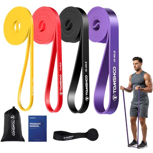 TOMSHOO Resistance Bands Set, Multiple Fitness Exercise Workout Bands with Storage Bag, Door Anchor, Pull Up Assistance Straps for Working Out, Body Stretching, Physical Therapy, More - color: 4Pcs (5-80lbs)