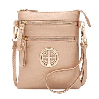 Solene Small Multi Zipper Pockets Crossbody Bag with Detachable Wristlet - color: Rose Gold-1