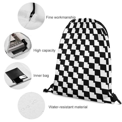 Sports Drawstring Bag Gym Sackpack Waterproof String Backpack for Running Training Fitness Men Women Unisex, Race Checkerboard Checkered Black And White Bags - color: Picture (33)
